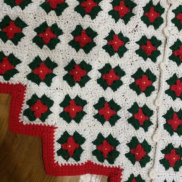 Vintage Crochet Christmas Tree Skirt Granny Squares Handmade 51” Red Green - Picture 2 of 12